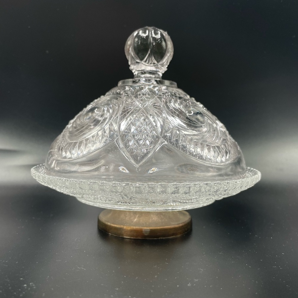 Vtg Pressed Glass Covered Butter Dish Top US Glass, Bottom is Depression Glass